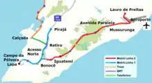 The Orange and Green Line monorail lines shown in relation to the two Red and Blue metro lines