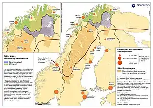 Location of Sápmi: black line showing the Southern limit of the areas traditionally controlled by the Sámi
