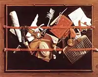 Samuel van Hoogstraten, Feigned Letter Rack with Writing Implements (c. 1655)