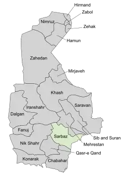 Location of Sarbaz County in Sistan&nbsp;and&nbsp;Baluchestan province