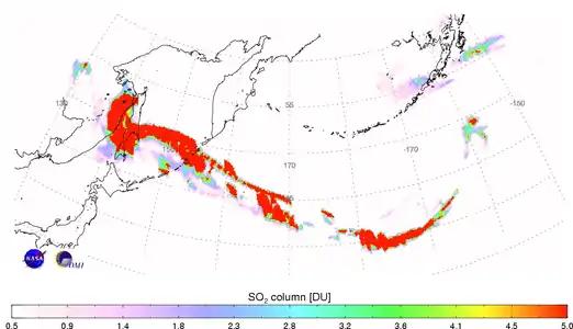 The Sulphur Dioxide cloud generated by the eruption on 12 June 2009 (in Dobson units).