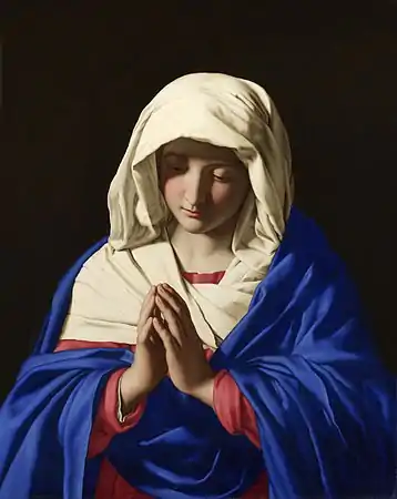 Sassoferrato's depiction of the Blessed Virgin Mary,, The Virgin in Prayer, c. 1654. Her blue cloak is painted in ultramarine.