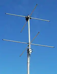 Two-element turnstile antenna for reception of weather satellite data, 137&nbsp;MHz. Has circular polarization.