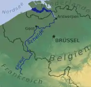 Relief map showing the Escaut/Scheldt river