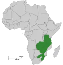 Map of Africa showing highlighted range covering much of eastern Africa from Tanzania to South Africa.