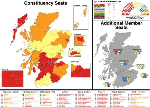 A map showing the constituency winners of the Election by their party colours.