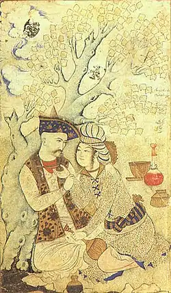 A Safavid Persian miniature from 1627, depicting Abbas I of Iran with a page. Louvre, Paris.