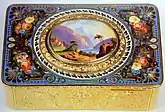 A Swiss singing bird box with a bucolic lake scene on the lid, c. 1825, another example of an objet de vertu