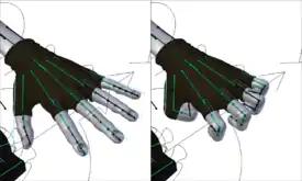 'Bones' (in green) used to pose a hand.  In practice, the 'bones' themselves are often hidden and replaced by more user-friendly objects.  In this example from the open source project Sintel, these 'handles' (in blue) have been scaled down to bend the fingers.  The bones are still controlling the deformation, but the animator only sees the 'handles'.