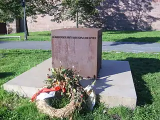 Memorial in Nuremberg opposite Frauentorgraben&nbsp;49, where on 15&nbsp;September 1935 the Nuremberg Laws were adopted in the ballroom of the Industrial & Cultural Association clubhouse