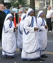 The religious habit (based on the Indian sari) of the Missionaries of Charity, founded by Mother Teresa of Calcutta.