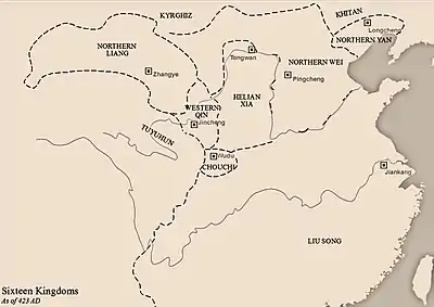 Northern Liang at its greatest extent in 423 AD