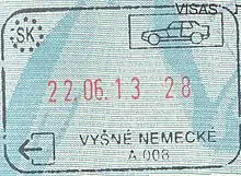Exit stamp for road travel, issued at Vyšné Nemecké