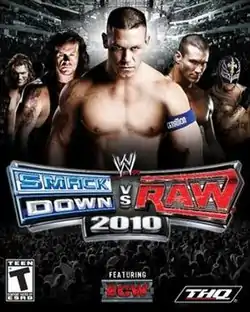 We see 5 different WWE wrestlers on the top of a background that's supposed to represent a stage of an WWE event. On the middle is the game's logo. The bottom has a crowd and the ECW logo.
