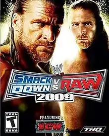 Triple H and Shawn Michaels look towards the viewer. The game's logo appears in the middle as well as the ECW logo.