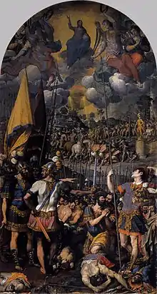"The Martyrdom of Saint Maurice" by Romulo Cincinato. 1583. Oil on canvas, 540 x 288&nbsp;cm, Monasterio de San Lorenzo, El Escorial, Spain. Cincinnato placed stronger emphasis on the execution scene, which has been brought into the foreground.
