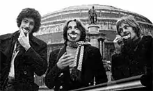 Brian May (left), Tim Staffell (centre)and Roger Taylor, outside the Royal Albert Hall, London, 27 February 1969