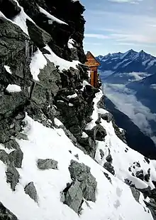 The Solvay Hut (Hörnli Ridge) of the Matterhorn, near Zermatt, Switzerland. At 4,003 metres (13,133&nbsp;ft)