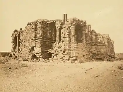 The Somnath Temple in Gujarat was repeatedly destroyed by Muslim armies and rebuilt by Hindus. It was destroyed by Delhi Sultanate's army in 1299 CE.