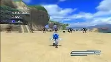 Screenshot of Wave Ocean, the first level of Sonic's campaign in Sonic the Hedgehog; this particular screen shows Sonic running at full speed while dodging obstacles. The text on the left-hand side of the screen shows the timer, the number of lives the player has, and the player's score. The meter on the right side shows how much power the player has in order to perform special abilities.