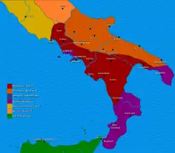 The Principality of Salerno, in red, during the reign of Peter in the 9th century.