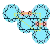 Construction of girih pattern in Darb-e Imam spandrel (yellow line). Construction decagons blue, bowties red. The strapwork cuts across the construction tessellation.
