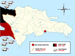 Map of the Spanish Colony of Santo Domingo Under French control (1795-1809). To the west of the island, on the other side of the border, is the Empire of Haiti (1804-1806)  Although Haiti declared itself free from France, France did not recognize Haiti's independence until 1825 in exchange for 150 million gold francs.