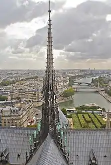 The 13th century flèche of Notre Dame, recreated in the 19th c, destroyed by fire in 2019, now being restored