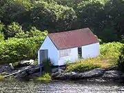 The boathouse&nbsp;— The ridge is parallel to the ground, but the ends and the window are vertical