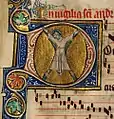 Saint Andrew martyred on a decussate cross (miniature from an East Anglian missal, c. 1320)