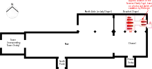 Floor plan outlining the building in black, with red showing the approximate location of the crypt.