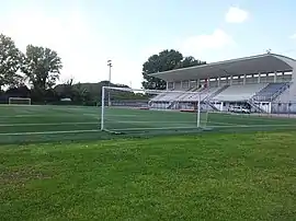 A football pitch with a goal net in the foreground, and a grandstand on the left