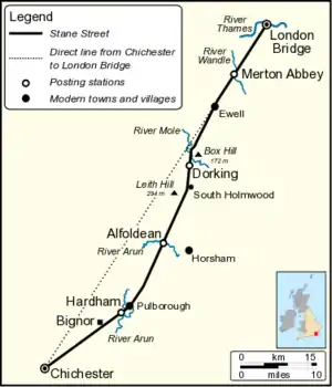 Map showing the route of Stane Street