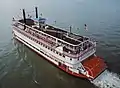 Belle of Louisville at Clark Bridge, Louisville, Kentucky, USA, Ohio River mile 604, August 1987.