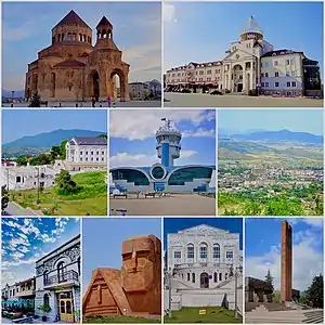 From top left: Holy Mother of God Cathedral Renaissance Square&nbsp;• Downtown Stepanakert Stepanakert Airport&nbsp;•  Stepanakert skyline Park Hotel Artsakh &nbsp;• We Are Our Mountains Artsakh University 
&nbsp;• Stepanakert Memorial