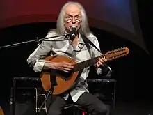 Howe performing on a Spanish laúd in 2015