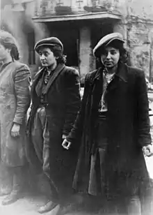 IPN copy #26Hehalutz women captured with weapons.Małka Zdrojewicz on the right of this photograph survived Majdanek; the other two died in the Shoah (Rachela Wyszogrodzka at left  died in KZ Camp; her sister Bluma Wyszogrodzka was shot and killed after this picture was taken}