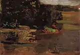 Landscape sketch, from two-sided sketch for Swimming, oil on paperboard, 4 × .mw-parser-output .frac{white-space:nowrap}.mw-parser-output .frac .num,.mw-parser-output .frac .den{font-size:80%;line-height:0;vertical-align:super}.mw-parser-output .frac .den{vertical-align:sub}.mw-parser-output .sr-only{border:0;clip:rect(0,0,0,0);clip-path:polygon(0px 0px,0px 0px,0px 0px);height:1px;margin:-1px;overflow:hidden;padding:0;position:absolute;width:1px}5+3⁄4&nbsp;in (10 × 15&nbsp;cm), 1884