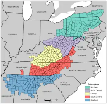 Subregions of Appalachia. Published by the Appalachian Regional Commission in 2009.