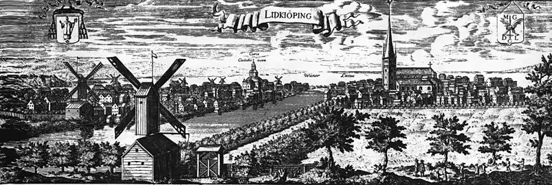 Lidköping circa 1700, from Suecia Antiqua et Hodierna