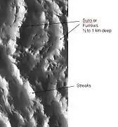 Sulci in Amazonis, as seen by THEMIS.  "Sulci" in Mars geography language means a furrow, like a furrow on a brain's surface.  This Sulci came from the basal scarp of Olympus Mons