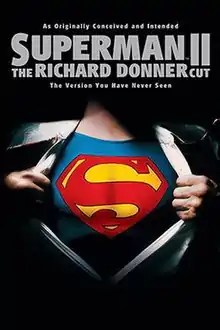 Beneath the film title, the torso of Superman wearing a suit and white shirt is shown. The shirt is pulled apart to reveal a large red 'S' symbol