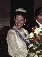 Queen Silvia wears the Baden fringe tiara at a state visit in 1977.