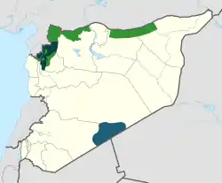 Areas under control of various opposition groups as of February 2020&nbsp;&nbsp;&nbsp;&nbsp;&nbsp;Interim Government (National Army)&nbsp;&nbsp;&nbsp;&nbsp;&nbsp;Salvation Government (Tahrir al-Sham)&nbsp;&nbsp;&nbsp;&nbsp;&nbsp;al-Tanf (Maghaweir al-Thowra)