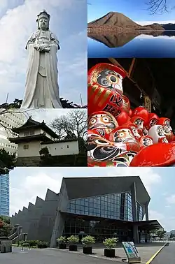 Left:Takasaki Kannon Statue, Takasaki Castle, Gunma Music Center, Right:Mount Haruna and Lake Haruna, Takasaki Daruma Doll (all items from above to bottom)