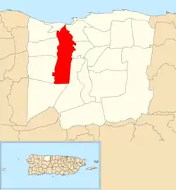 Location of Tanamá within the municipality of Arecibo shown in red