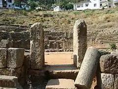 Telmessos Theatre – the sign on site says it was late Hellenistic, with stage added in c. 200 AD, abandoned with the city, excavated in 1992–95, and with seating capacity for 6,000 spectators on 28 rows.