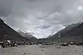 Tent village established for tourists' convenience called Everest Base Camp, in China. It is the furthest that private cars can go. Mount Everest can be seen in the background.