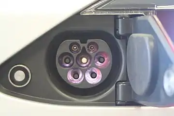 Type 2 compatible inlet implementing a three-phase AC charging and DC Supercharging on European Tesla Model S and Model X; a notch/teardrop-shaped keying planned for unprotected Mode 1 domestic charging was reused in 2019 for Supercharging}