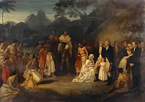 A number of figures can be seen standing and kneeling in the foreground of the painting The Cession of the District of Matavai in the Island of Otaheite by Robert Smirke, 1797. Mount Aora'i is in the background